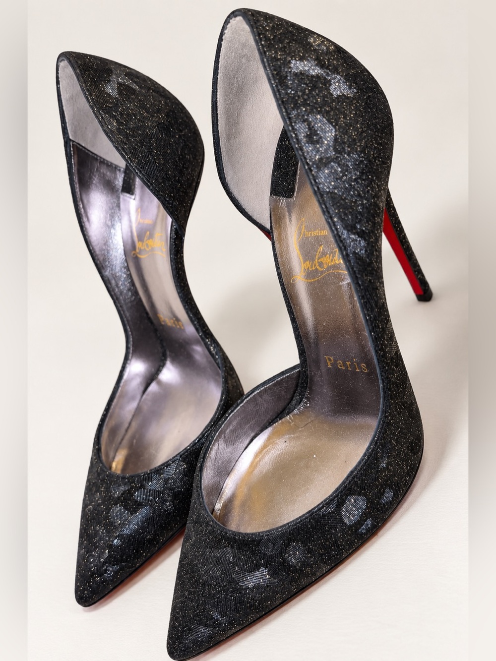 Christian Louboutin Black Glitter D'Orsay Heels with Red Soles